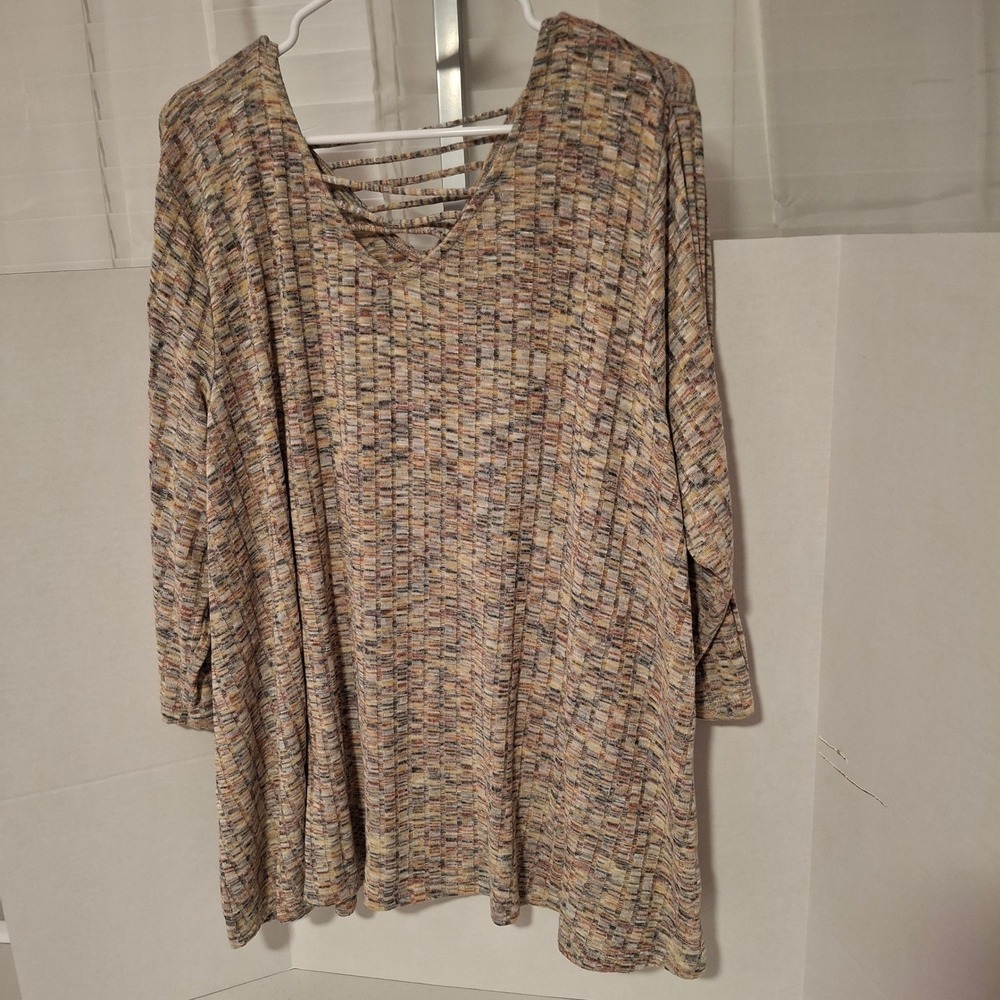 Catherines Womens 1X 18/20W Space Dye Strappy V-Neck 3/4 Sleeve Tunic‎ Top Multi
